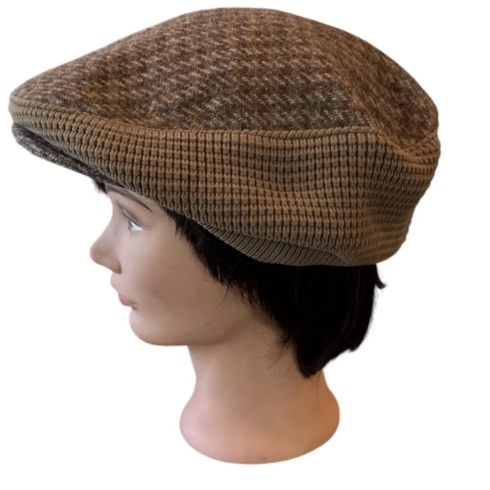Vintage The Edinburgh Woolen Mill Pure Wool Brown Houdstooth Newsboy Cap Size OS